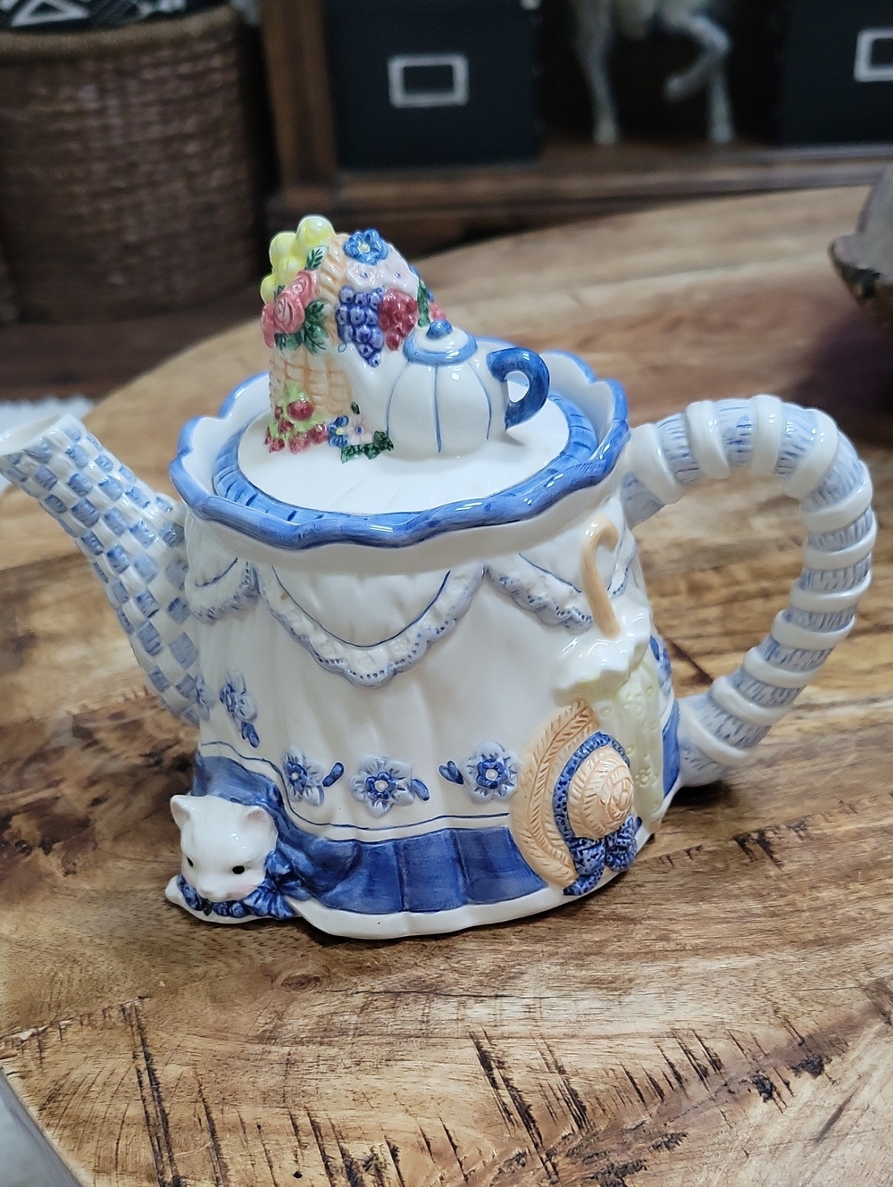 Hand-Painted Blue & White Decorative Teapot with Floral Lid